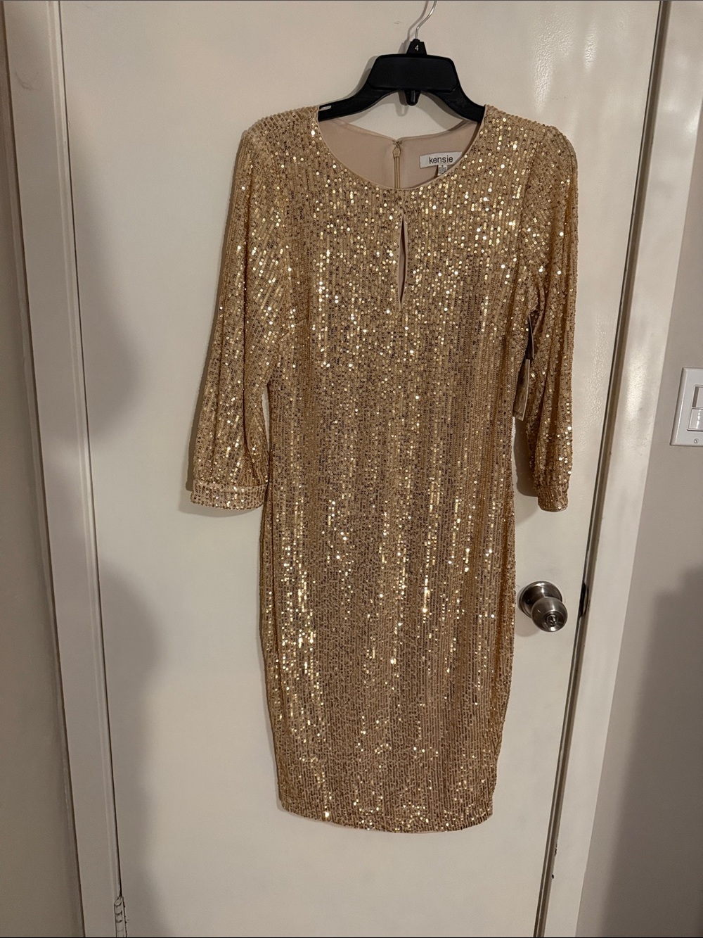 Kensie Gold Sequin Midi Dress with Keyhole Neckline